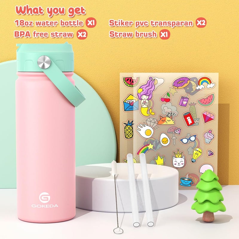 GOKEDA 18oz Kids Water Bottle, Insulated Water Bottles with Stickers, 18/8 Stainless Steel Vacuum Leak Proof Straw Cup for School, Gifts for Girls(Pink) - Image 1